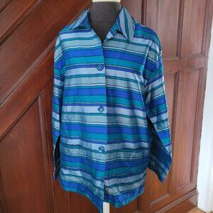 Vintage Josephine Chaus Blue Striped 100% Silk Womens Jacket Size 12 With Button